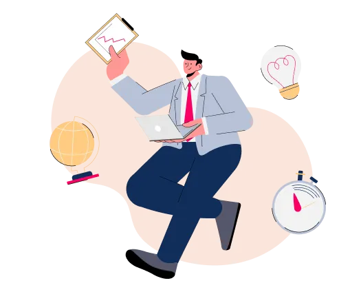 Illustration used in hero section. It s a business man working on laptop